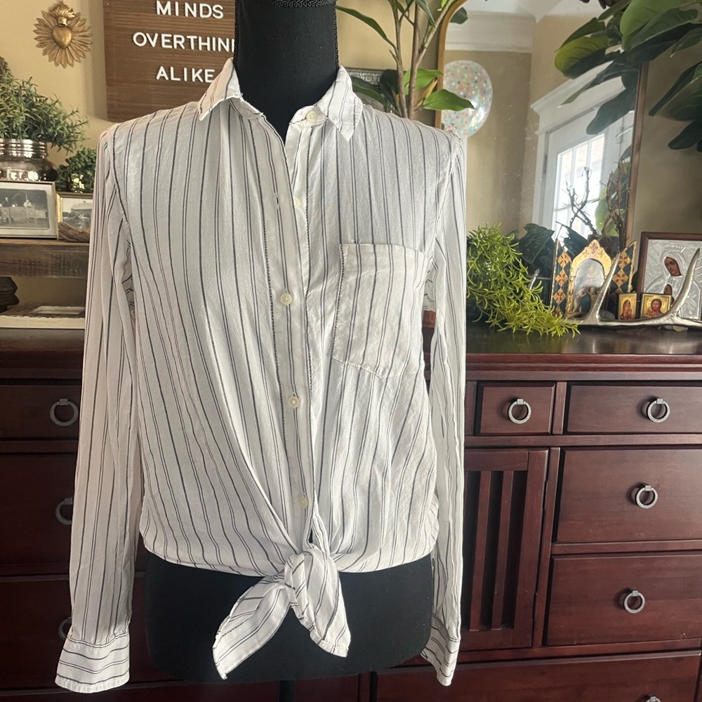Madewell White and Black Striped Button-Down Tie Front Shirt